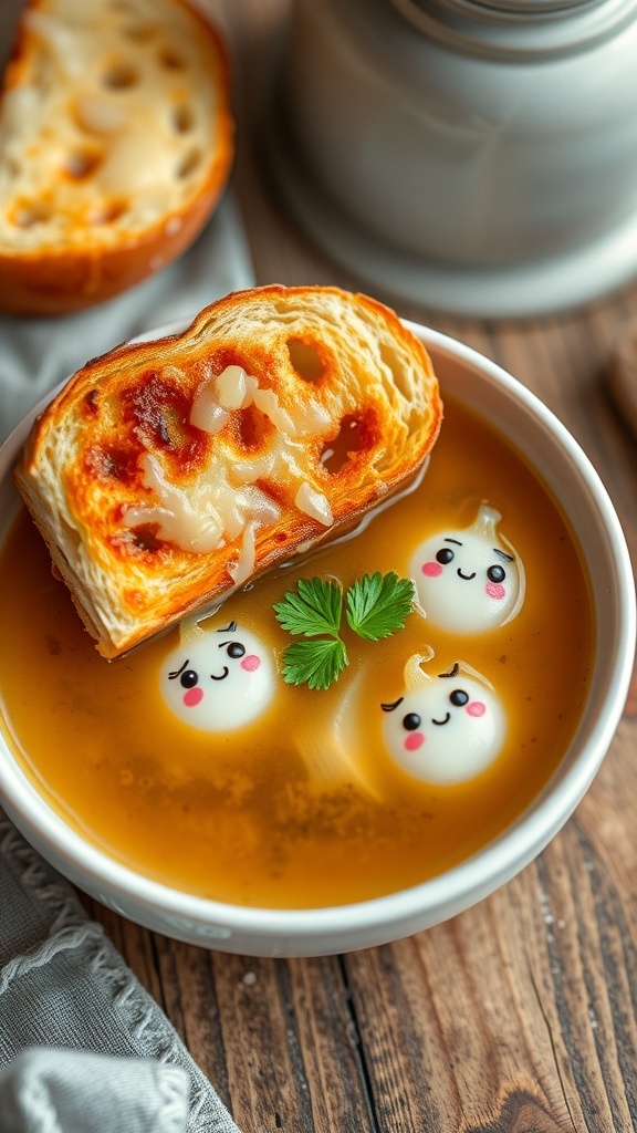A bowl of kawaii onion soup with onion characters, topped with cheese and parsley on a rustic table.